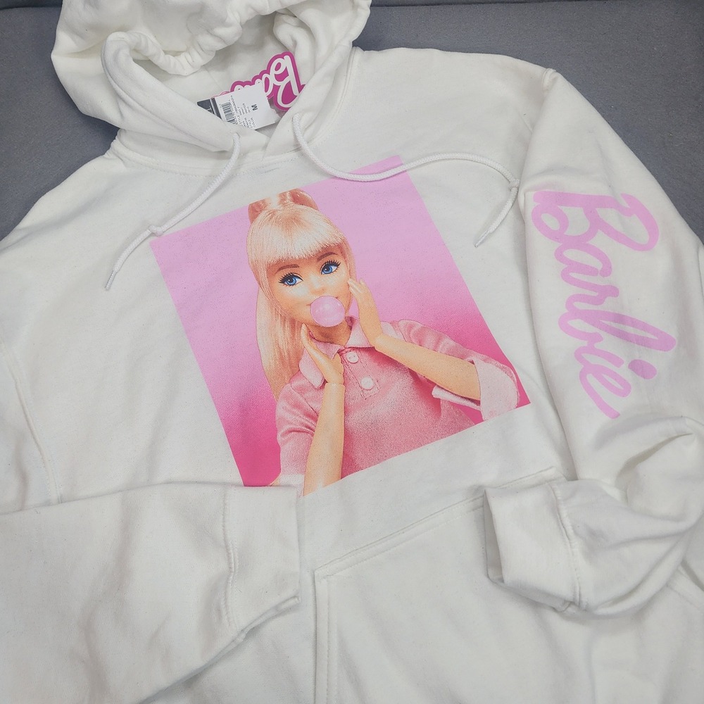 rue21 Barbie Hoodie White Bubblegum Graphic Logo Sleeve Womens Size M NEW